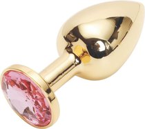 Золотистая анальная пробка с розовым кристаллом размера M - 8 см, цвет розовый - Vandersex