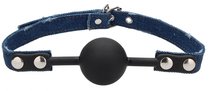 Черный кляп-шарик With Roughend Denim Straps с синими джинсовыми ремешками, цвет синий - Shots Media