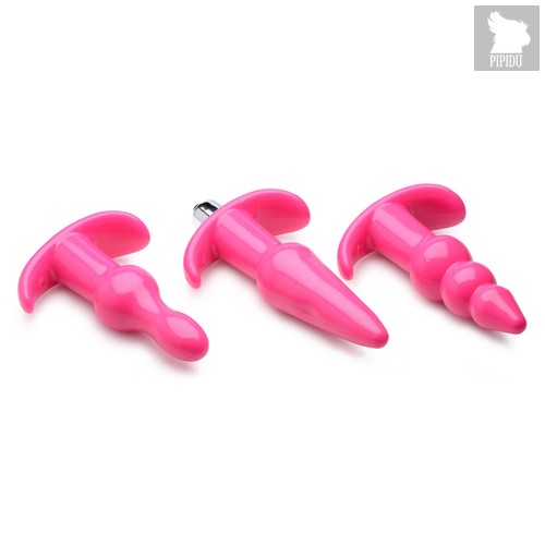 Набор из 3 розовых анальных пробок с вибропулей Thrill Trio Anal Plug Set, цвет розовый - XR Brands